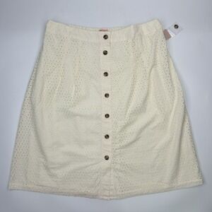 EVRI Womens Skirt Size 2X Cream Ivory Eyelet Lined Button Up Elastic Waist NEW